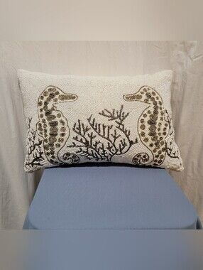 Beaded Seahorse Accent Pillow - White and Gold